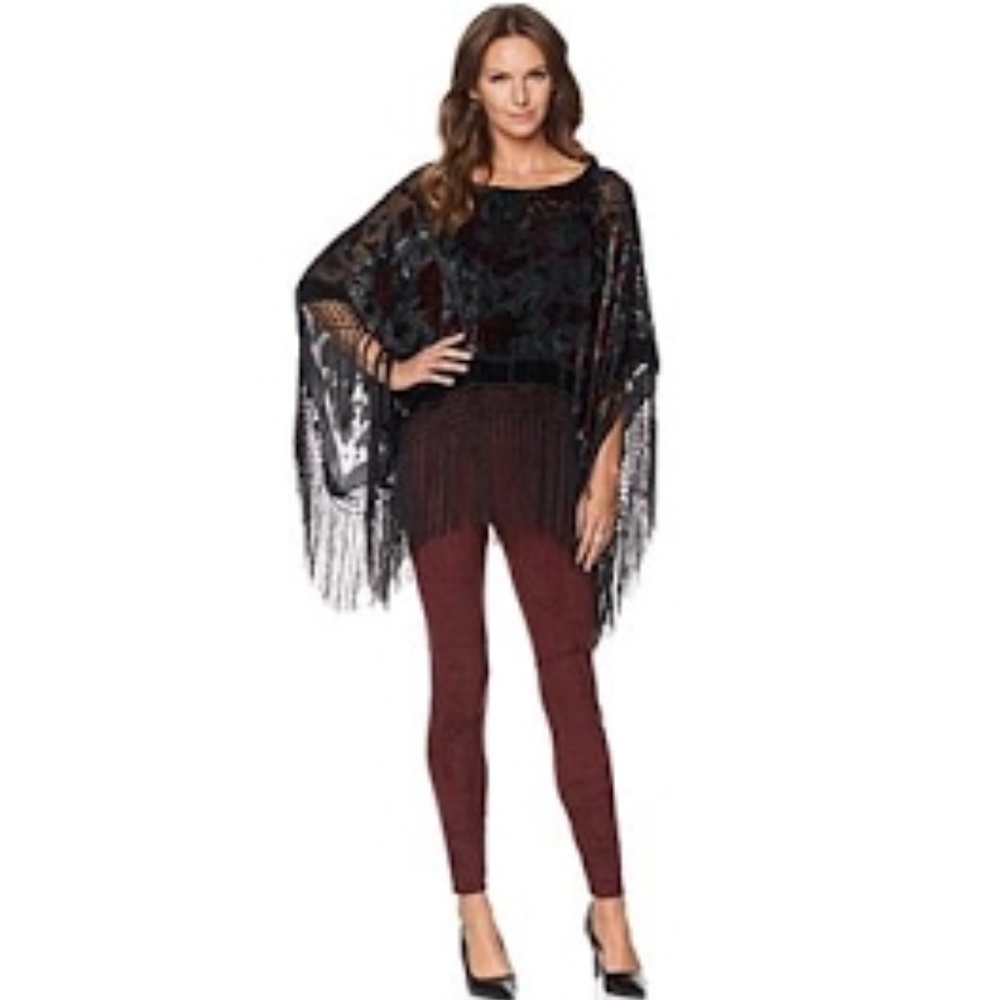 Black Velvet Burnout Fringe Poncho O/S